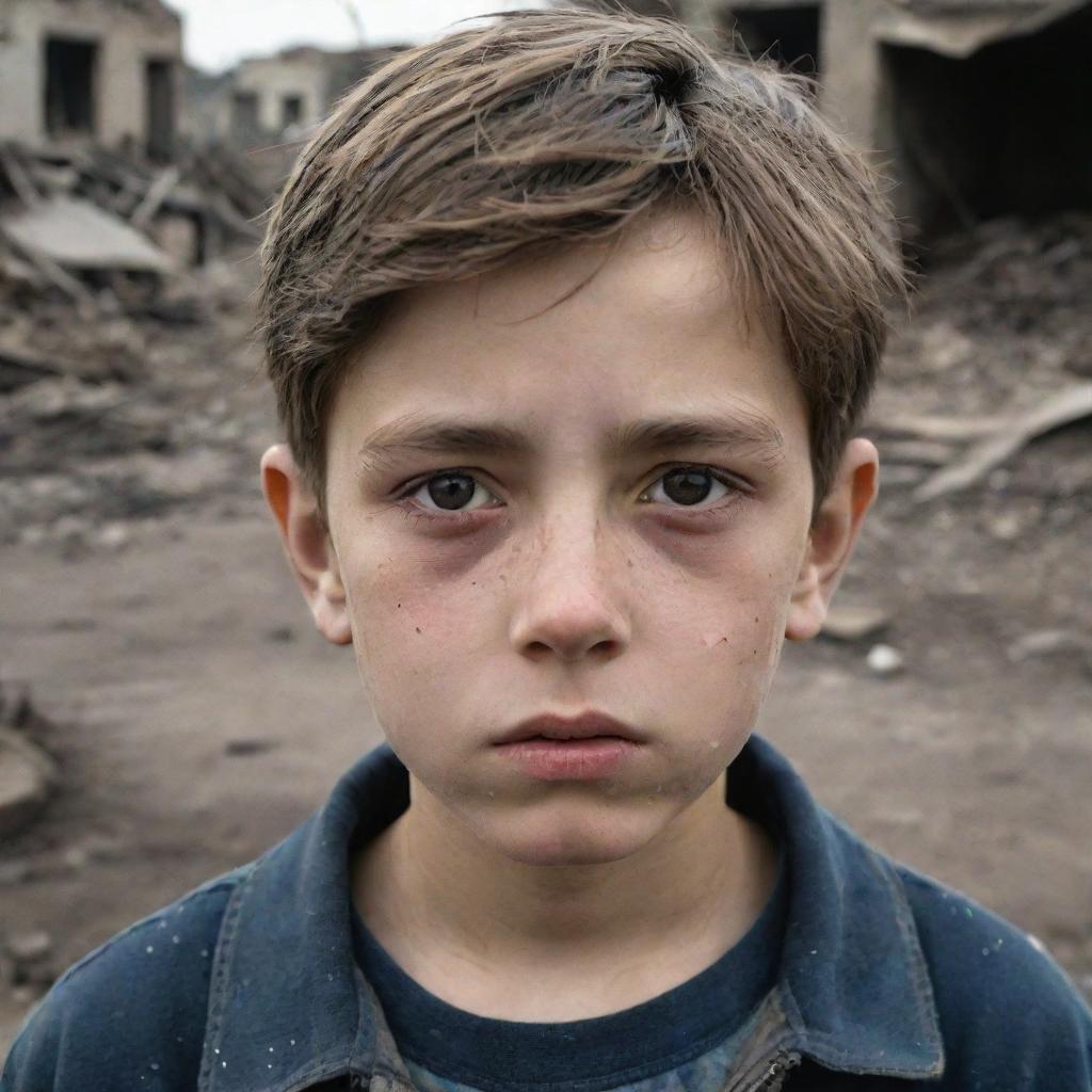 A highly detailed image of a sad 11-year-old boy in a war-torn background. The boy's expression should be realistically poignant and the scene painstakingly clear, reflecting the harshness of the surrounding devastation.