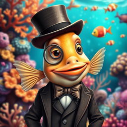 A charming fish, elegantly dressed, wearing a classic top hat and a monocle