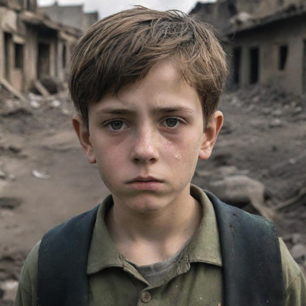 A highly detailed image of a sad 11-year-old boy in a war-torn background. The boy's expression should be realistically poignant and the scene painstakingly clear, reflecting the harshness of the surrounding devastation.