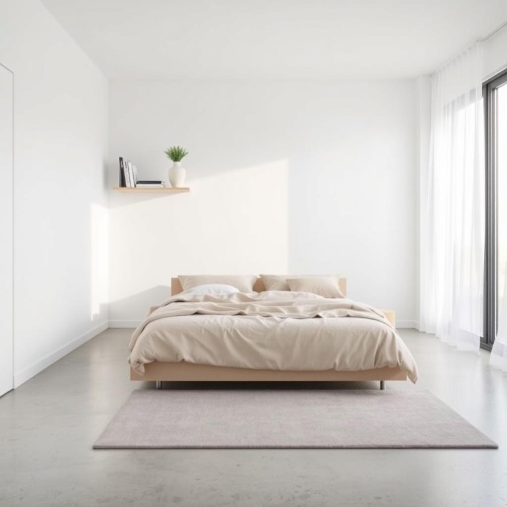 A minimalist bedroom design that emphasizes simplicity and functionality, featuring a low-profile bed with a neutral-colored duvet cover and a few minimalist pillows