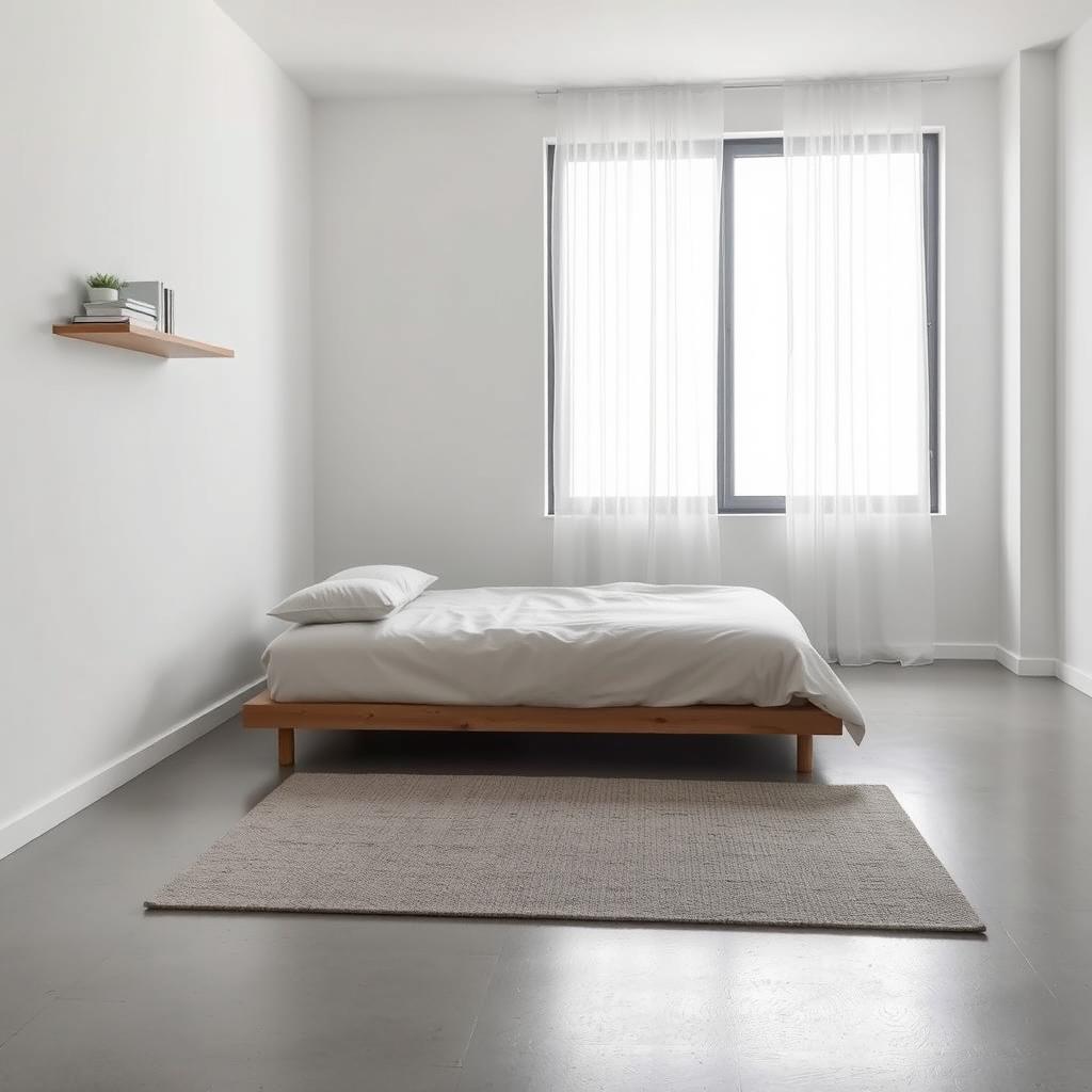 A minimalist bedroom design that emphasizes simplicity and functionality, featuring a low-profile bed with a neutral-colored duvet cover and a few minimalist pillows