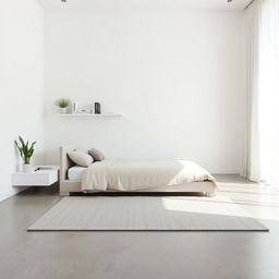 A minimalist bedroom design that emphasizes simplicity and functionality, featuring a low-profile bed with a neutral-colored duvet cover and a few minimalist pillows