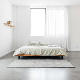 A minimalist bedroom design that emphasizes simplicity and functionality, featuring a low-profile bed with a neutral-colored duvet cover and a few minimalist pillows