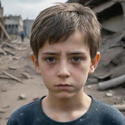 A highly detailed image of a sad 11-year-old boy in a war-torn background. The boy's expression should be realistically poignant and the scene painstakingly clear, reflecting the harshness of the surrounding devastation.