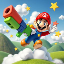 A whimsical, surreal scene featuring a cartoonish Mario from the iconic video game Super Mario 64