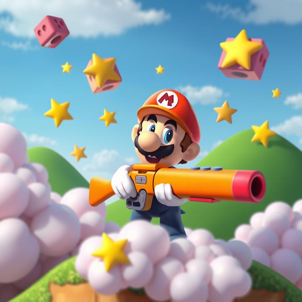 A whimsical, surreal scene featuring a cartoonish Mario from the iconic video game Super Mario 64