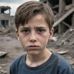 A highly detailed image of a sad 11-year-old boy in a war-torn background. The boy's expression should be realistically poignant and the scene painstakingly clear, reflecting the harshness of the surrounding devastation.