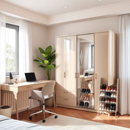 A stylish bedroom featuring a modern desk with a sleek design, a comfortable chair, and a laptop on top