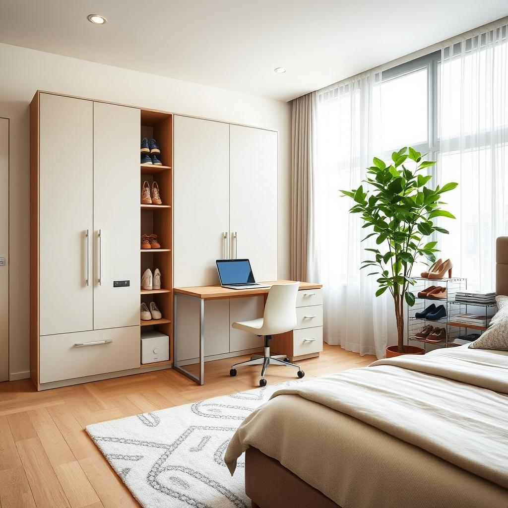 A stylish bedroom featuring a modern desk with a sleek design, a comfortable chair, and a laptop on top