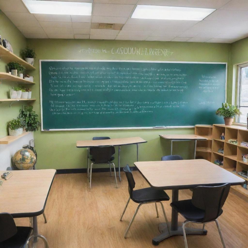 A quiet, well-lit room with tables and ergonomic chairs, book-filled shelves, an inspirational quote on the wall, a green chalkboard with equations, a globe and a few potted plants, portraying a conducive learning environment.