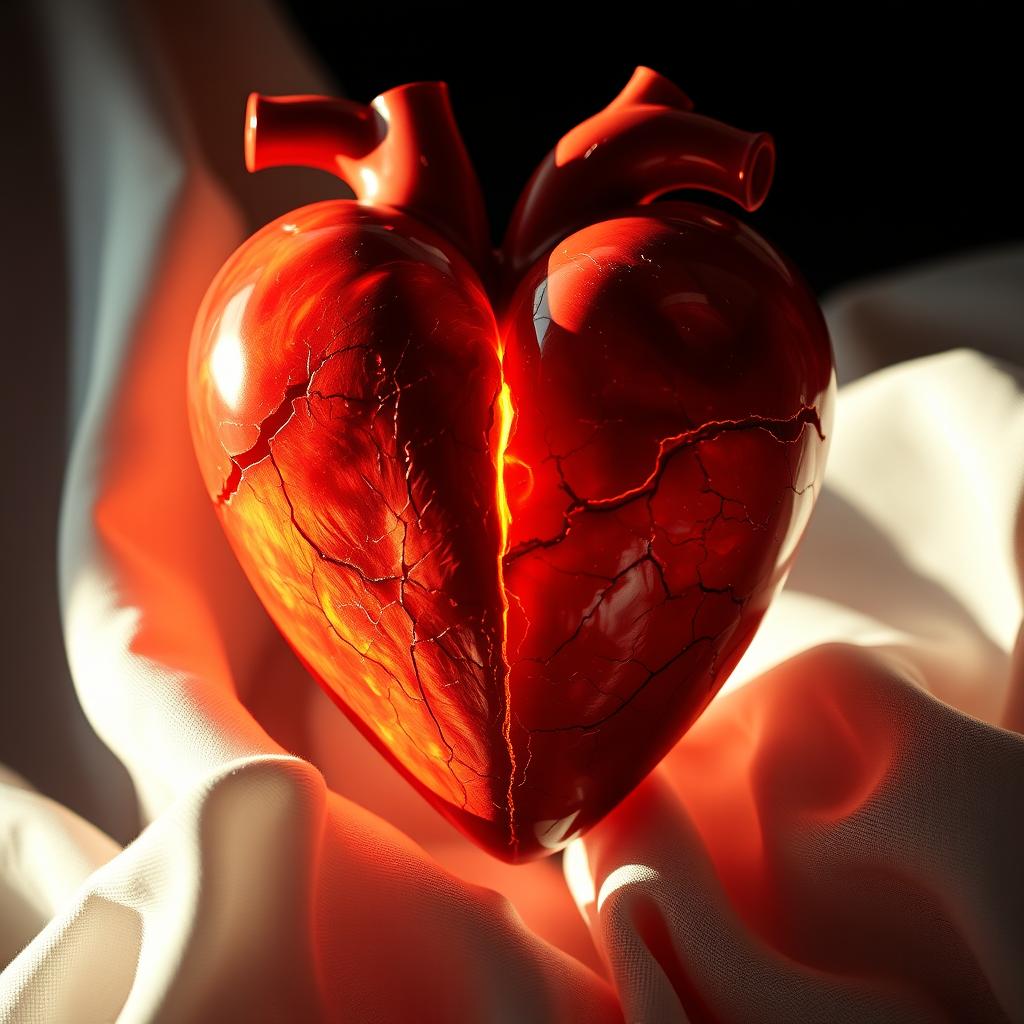 A hyper-realistic image of a divided heart, intricately detailed to show the two halves being pulled apart