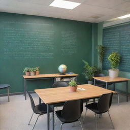 A quiet, well-lit room with tables and ergonomic chairs, book-filled shelves, an inspirational quote on the wall, a green chalkboard with equations, a globe and a few potted plants, portraying a conducive learning environment.