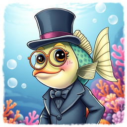 An adorable fish character showcasing elegance, wearing a classic top hat and a shiny monocle