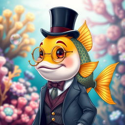 An adorable fish character showcasing elegance, wearing a classic top hat and a shiny monocle