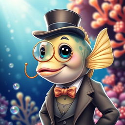 An adorable fish character showcasing elegance, wearing a classic top hat and a shiny monocle