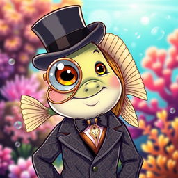 An adorable fish character showcasing elegance, wearing a classic top hat and a shiny monocle