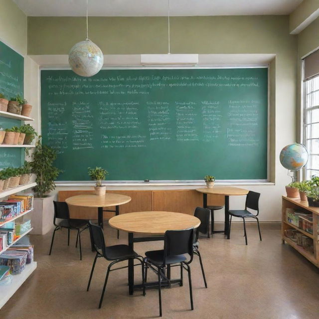 A quiet, well-lit room with tables and ergonomic chairs, book-filled shelves, an inspirational quote on the wall, a green chalkboard with equations, a globe and a few potted plants, portraying a conducive learning environment.