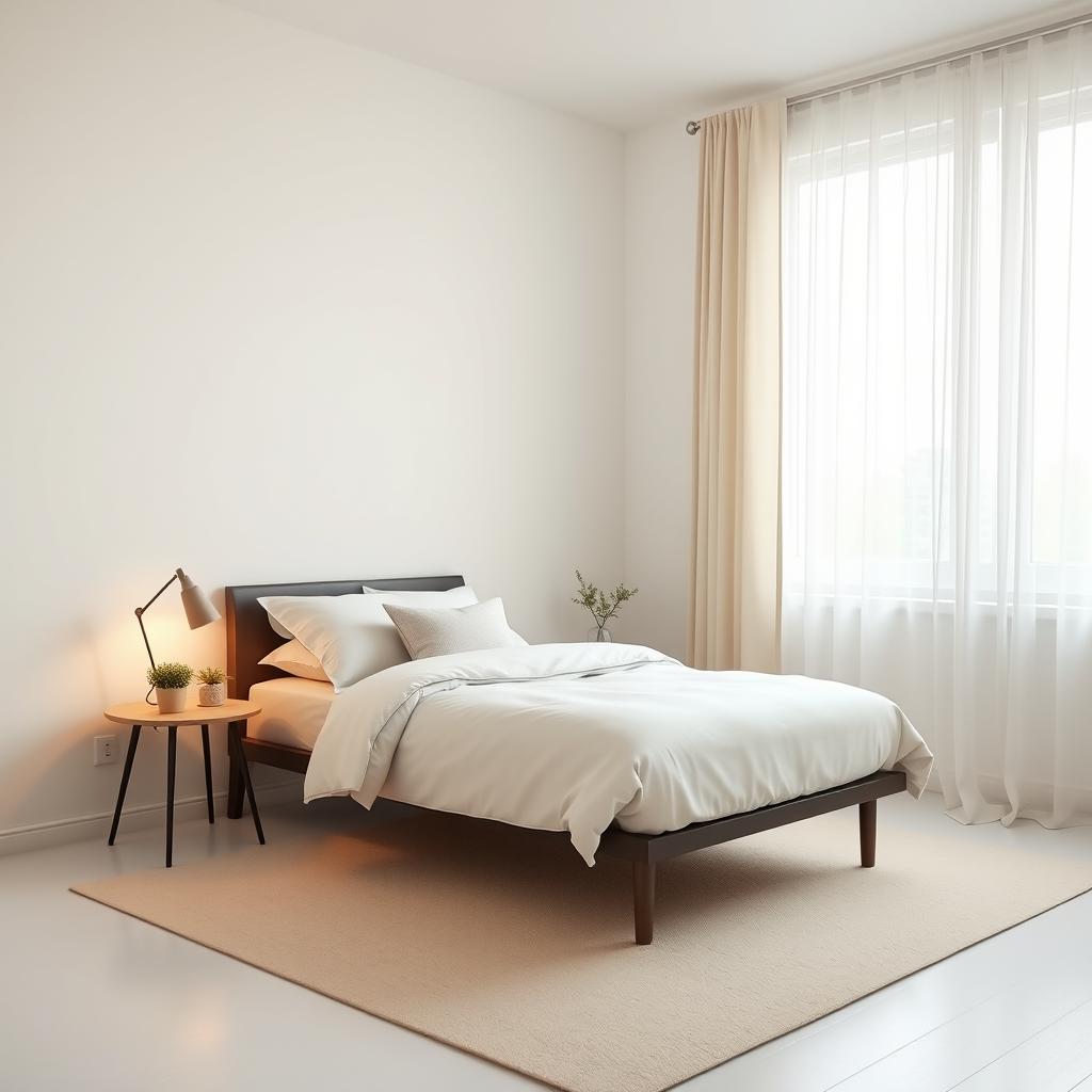 A minimalist bedroom featuring a single bed with a simple and elegant design, adorned with a soft, solid color bedding and a few decorative cushions