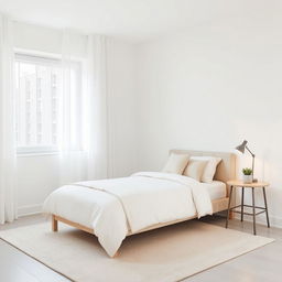 A minimalist bedroom featuring a single bed with a simple and elegant design, adorned with a soft, solid color bedding and a few decorative cushions