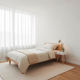 A minimalist bedroom featuring a single bed with a simple and elegant design, adorned with a soft, solid color bedding and a few decorative cushions