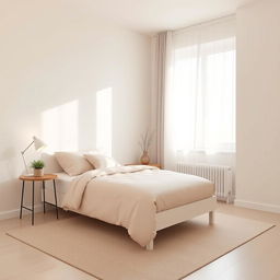 A minimalist bedroom featuring a single bed with a simple and elegant design, adorned with a soft, solid color bedding and a few decorative cushions