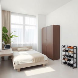 A minimalist bedroom featuring a single bed with a clean, modern design, dressed in neutral-colored bedding