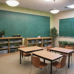 A quiet, well-lit room with tables and ergonomic chairs, book-filled shelves, an inspirational quote on the wall, a green chalkboard with equations, a globe and a few potted plants, portraying a conducive learning environment.