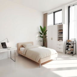 A minimalist bedroom featuring a single bed with a clean, modern design, dressed in neutral-colored bedding