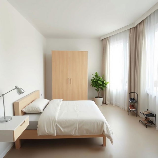 A minimalist bedroom featuring a single bed with a clean, modern design, dressed in neutral-colored bedding