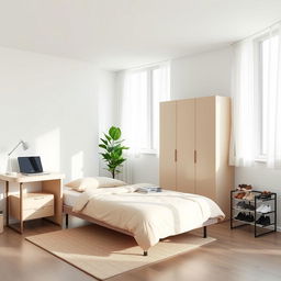 A minimalist bedroom featuring a single bed with a clean, modern design, dressed in neutral-colored bedding