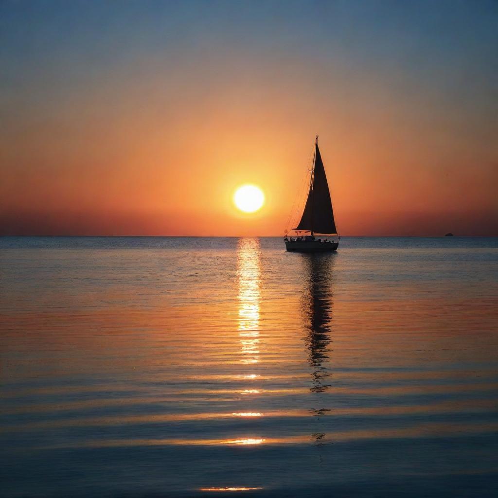 Generate a mesmerizing image of a vibrant sunset over a peaceful deep blue sea, with a silhouette of a lone sailboat cutting through the shimmering reflection of the sun on the water.