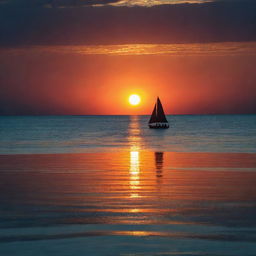 Generate a mesmerizing image of a vibrant sunset over a peaceful deep blue sea, with a silhouette of a lone sailboat cutting through the shimmering reflection of the sun on the water.