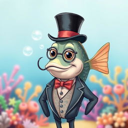 A quirky and whimsical fish character, elegantly dressed in a classic top hat and monocle, showcasing its dapper style