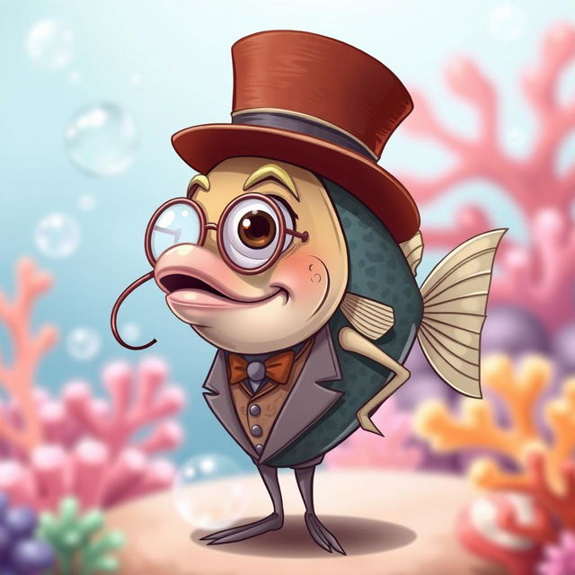 A quirky and whimsical fish character, elegantly dressed in a classic top hat and monocle, showcasing its dapper style