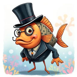 A quirky and whimsical fish character, elegantly dressed in a classic top hat and monocle, showcasing its dapper style