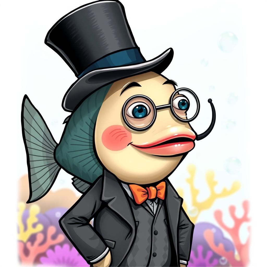 A quirky and whimsical fish character, elegantly dressed in a classic top hat and monocle, showcasing its dapper style