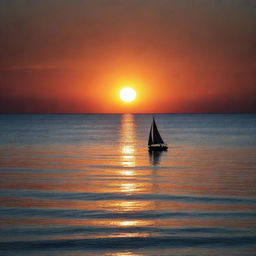 Generate a mesmerizing image of a vibrant sunset over a peaceful deep blue sea, with a silhouette of a lone sailboat cutting through the shimmering reflection of the sun on the water.