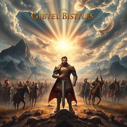 A stunning book cover for a biblical fantasy epic featuring grand battles