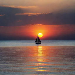 Generate a mesmerizing image of a vibrant sunset over a peaceful deep blue sea, with a silhouette of a lone sailboat cutting through the shimmering reflection of the sun on the water.