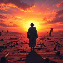 A captivating book cover illustrating the aftermath of a biblical fantasy epic battle set in a vast desert during sunset