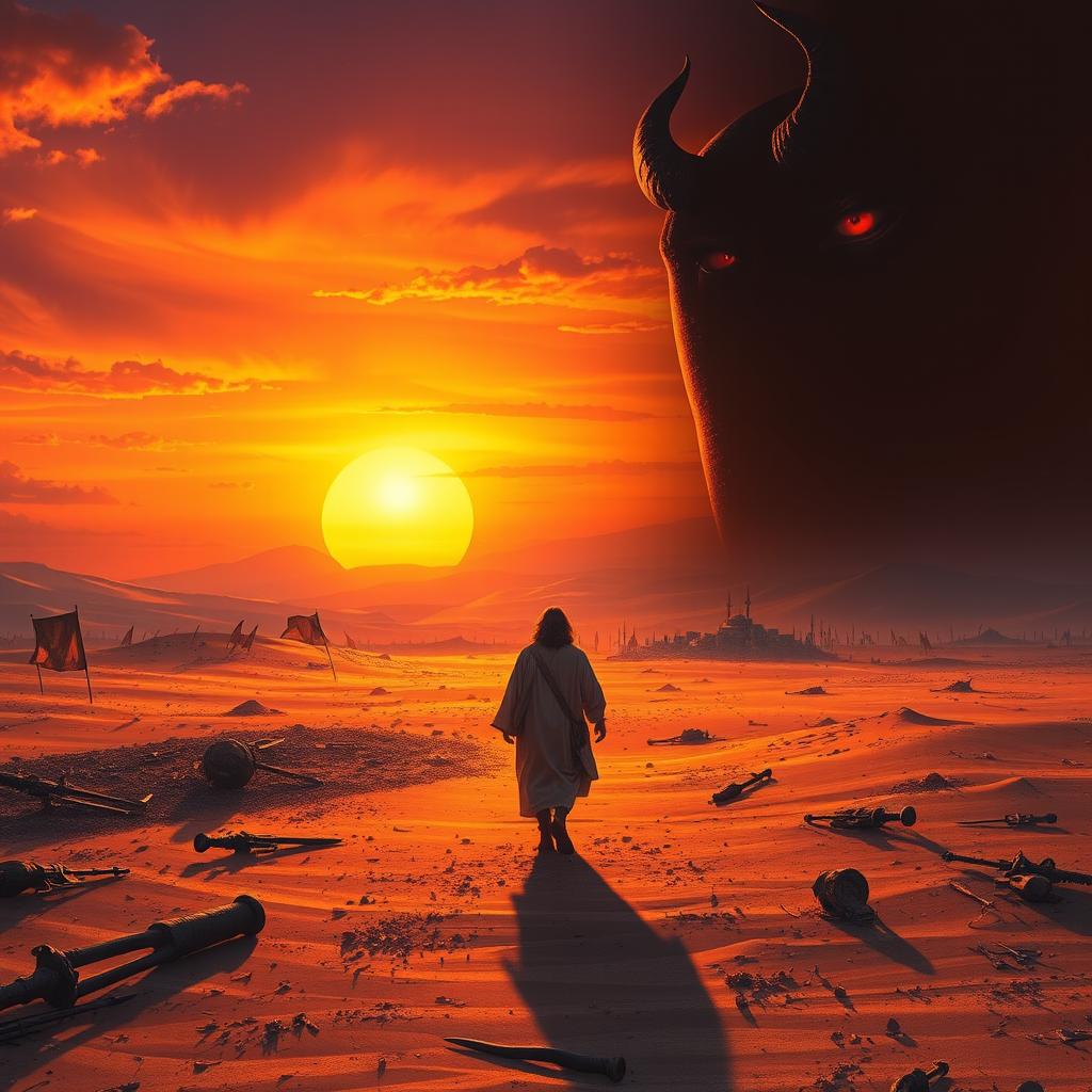 A captivating book cover illustrating the aftermath of a biblical fantasy epic battle set in a vast desert during sunset