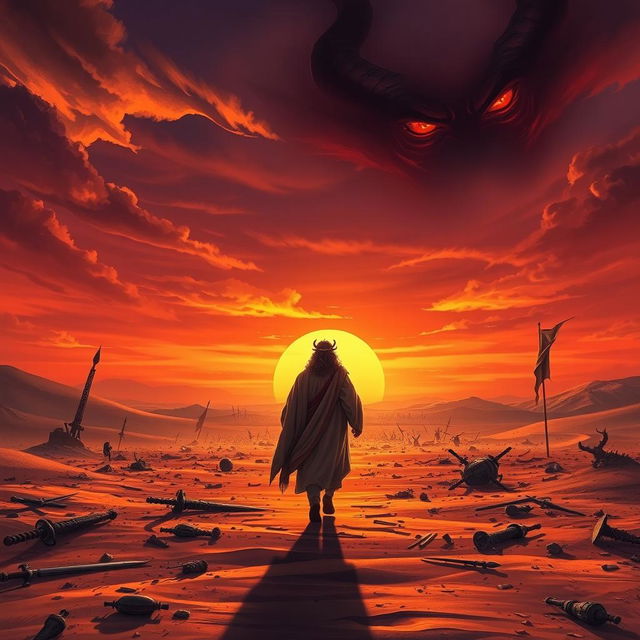 A captivating book cover illustrating the aftermath of a biblical fantasy epic battle set in a vast desert during sunset