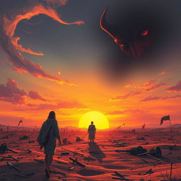 A captivating book cover illustrating the aftermath of a biblical fantasy epic battle set in a vast desert during sunset