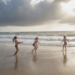 Children playing volleyball on a sunlit beach, undeterred and radiant with joy, while in the backdrop, a mighty tidal wave brought on by a hurricane looms, intertwining elements of innocent fun with impending natural forces.