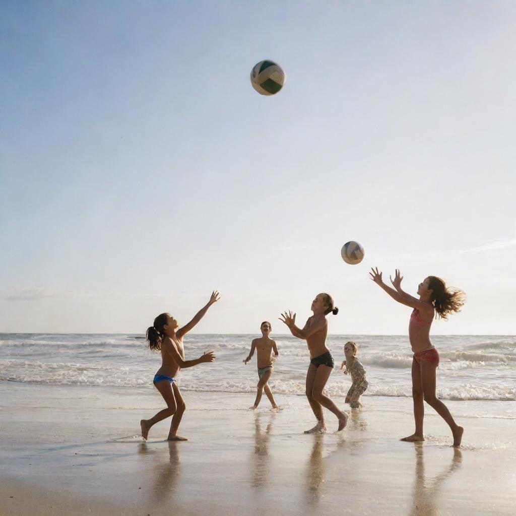 Children playing volleyball on a sunlit beach, undeterred and radiant with joy, while in the backdrop, a mighty tidal wave brought on by a hurricane looms, intertwining elements of innocent fun with impending natural forces.