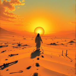 A breathtaking book cover illustrating the aftermath of a biblical fantasy epic battle set in a vast desert during a stunning sunset