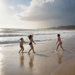 Children playing volleyball on a sunlit beach, undeterred and radiant with joy, while in the backdrop, a mighty tidal wave brought on by a hurricane looms, intertwining elements of innocent fun with impending natural forces.