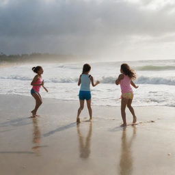 Children playing volleyball on a sunlit beach, undeterred and radiant with joy, while in the backdrop, a mighty tidal wave brought on by a hurricane looms, intertwining elements of innocent fun with impending natural forces.