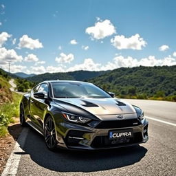 A sleek and stylish CUPRA Formentor parked on a scenic winding road with lush greenery and mountains in the background