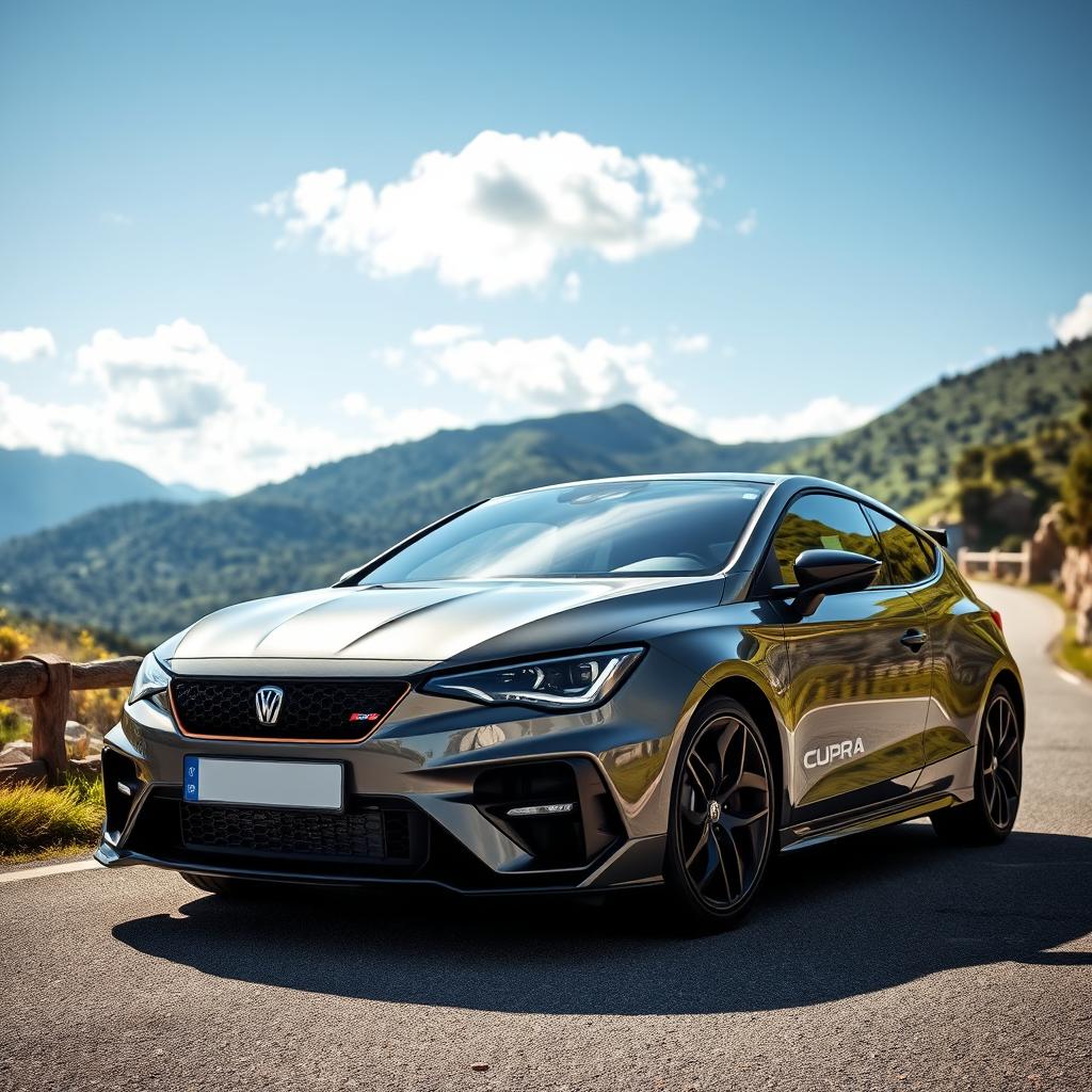 A sleek and stylish CUPRA Formentor parked on a scenic winding road with lush greenery and mountains in the background